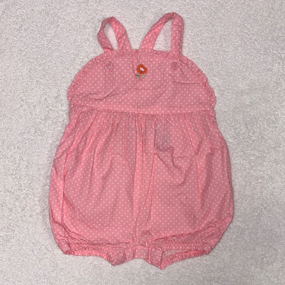 Genuine kids Oshkosh Pink Polka Dot Baby bubble Romper with Flower Embroidery 9m